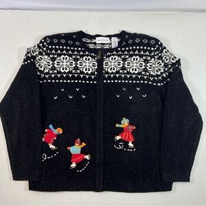 Alfred Dunner Womens Zip Up Embroidered Christmas Sweater Cardigan Size XL